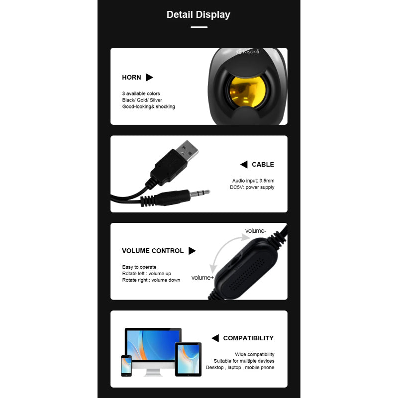 Kisonli A-202 Compact Stereo USB 2.0 PC Speakers with Deep Bass and AUX Input