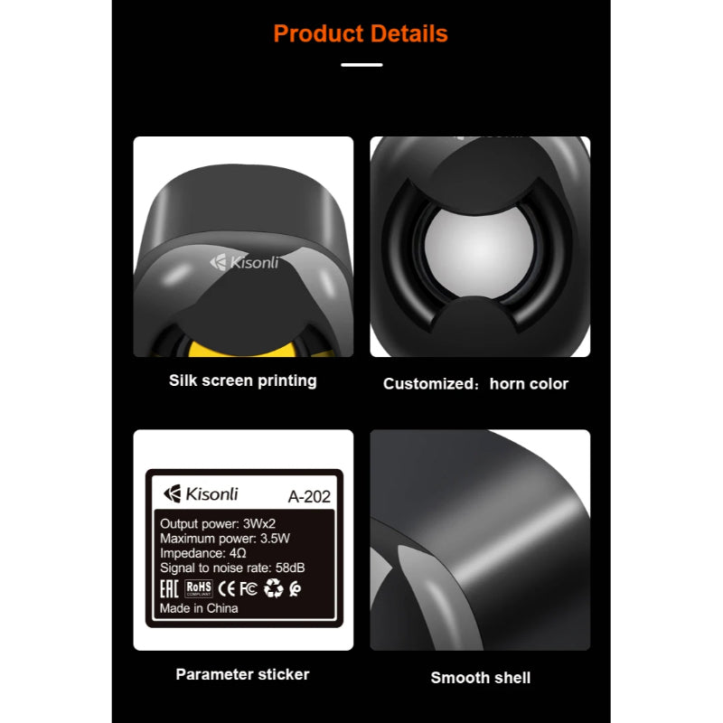 Kisonli A-202 Compact Stereo USB 2.0 PC Speakers with Deep Bass and AUX Input