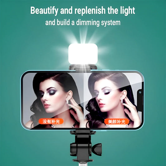 R1S 4-in-1 Wireless Bluetooth Selfie Stick Tripod with LED Fill Light and Detachable Remote, Extendable to 70cm for All Phones, Portable Stand for Live Streaming, Vlogging, and Travel